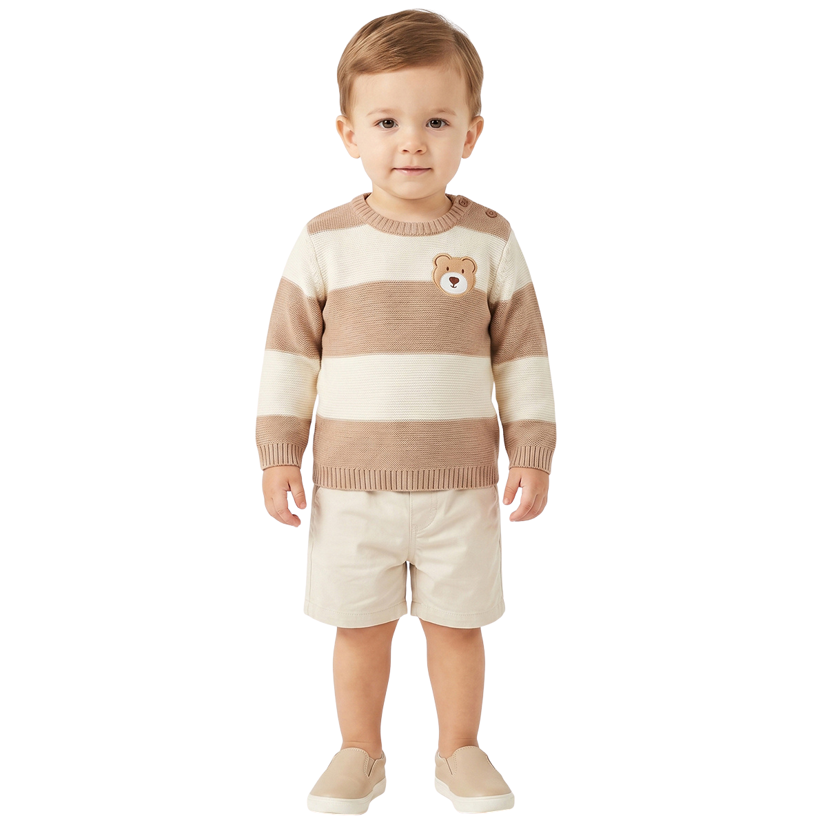Baby Boys Beige and Cream Striped Knitted Sweater Bear Applique Winter