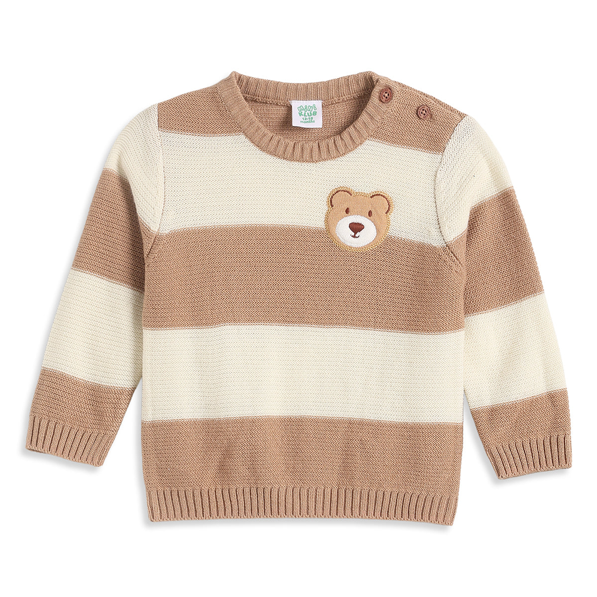Baby Boys Beige and Cream Striped Knitted Sweater Bear Applique Casual Winter Wear