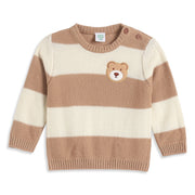 Baby Boys Beige and Cream Striped Knitted Sweater Bear Applique Casual Winter Wear