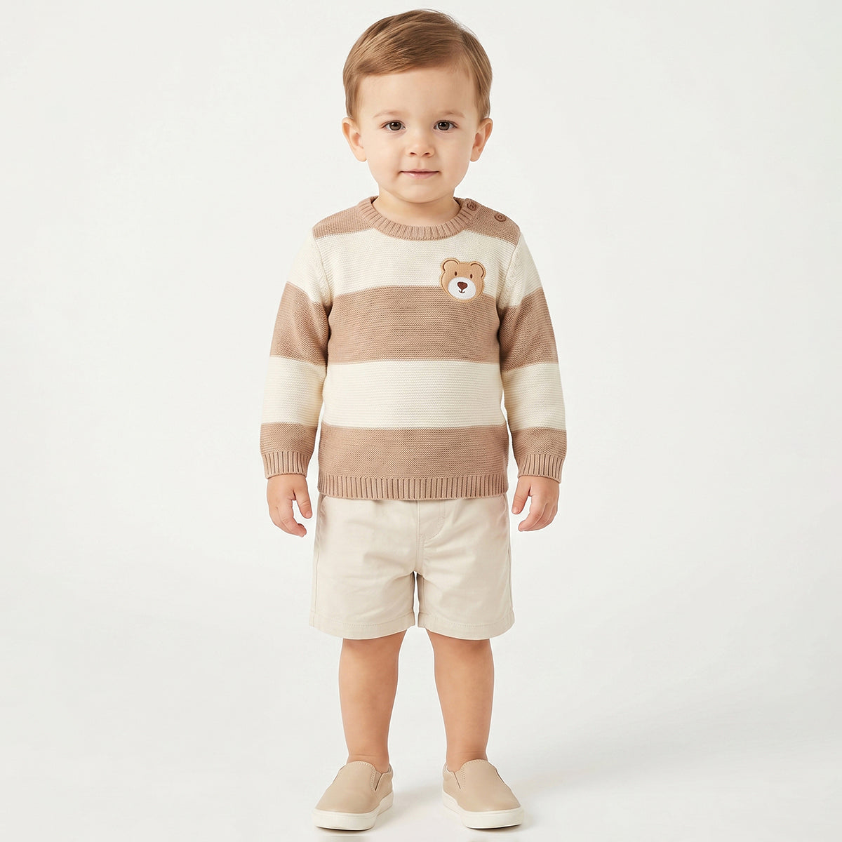 Baby Boys Beige and Cream Striped Knitted Sweater Bear Applique Casual Winter Wear