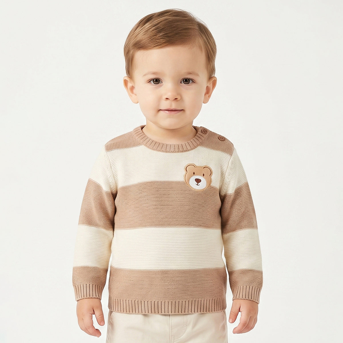 Baby Boys Beige and Cream Striped Knitted Sweater Bear Applique Casual Winter Wear