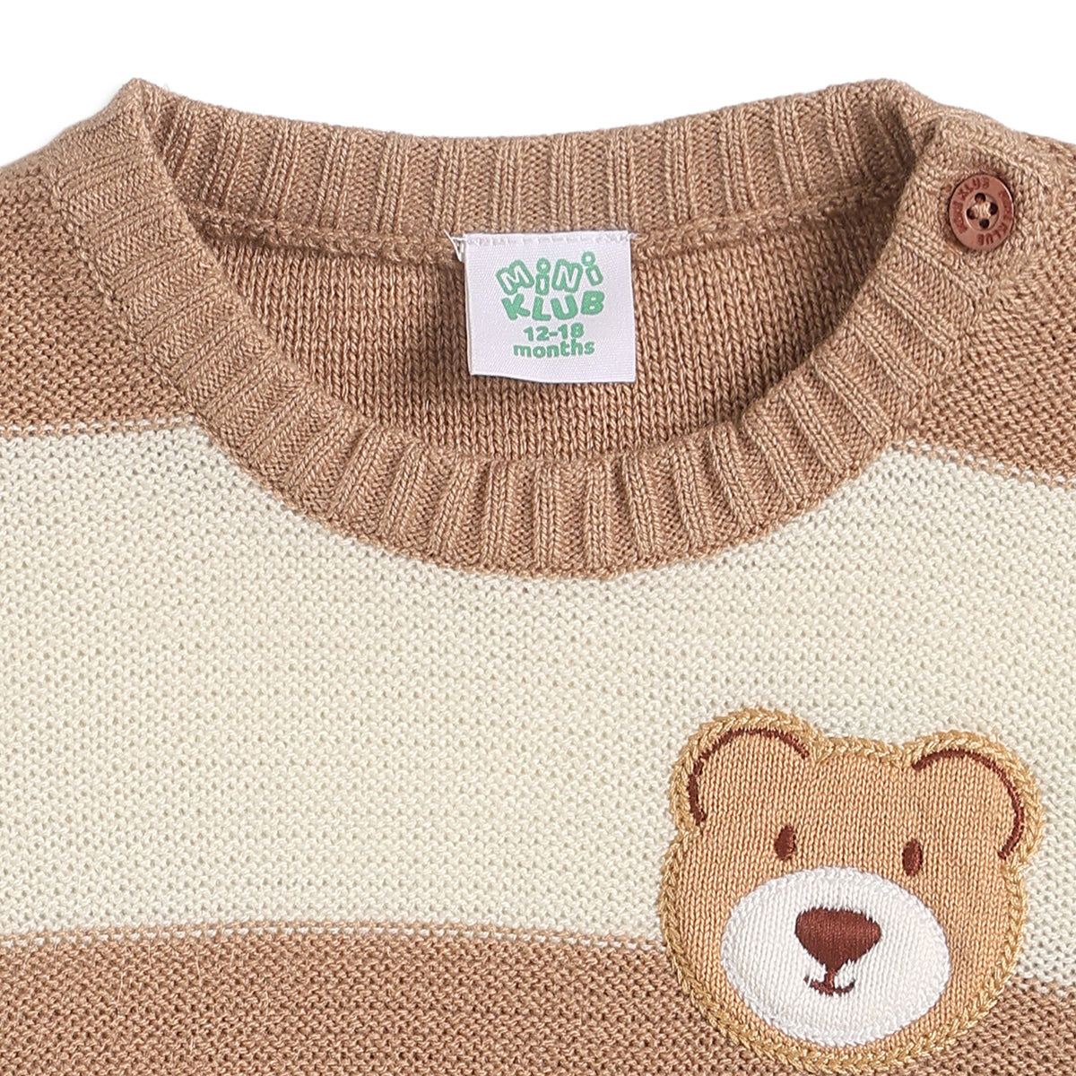Baby Boys Beige and Cream Striped Knitted Sweater Bear Applique Casual Winter Wear