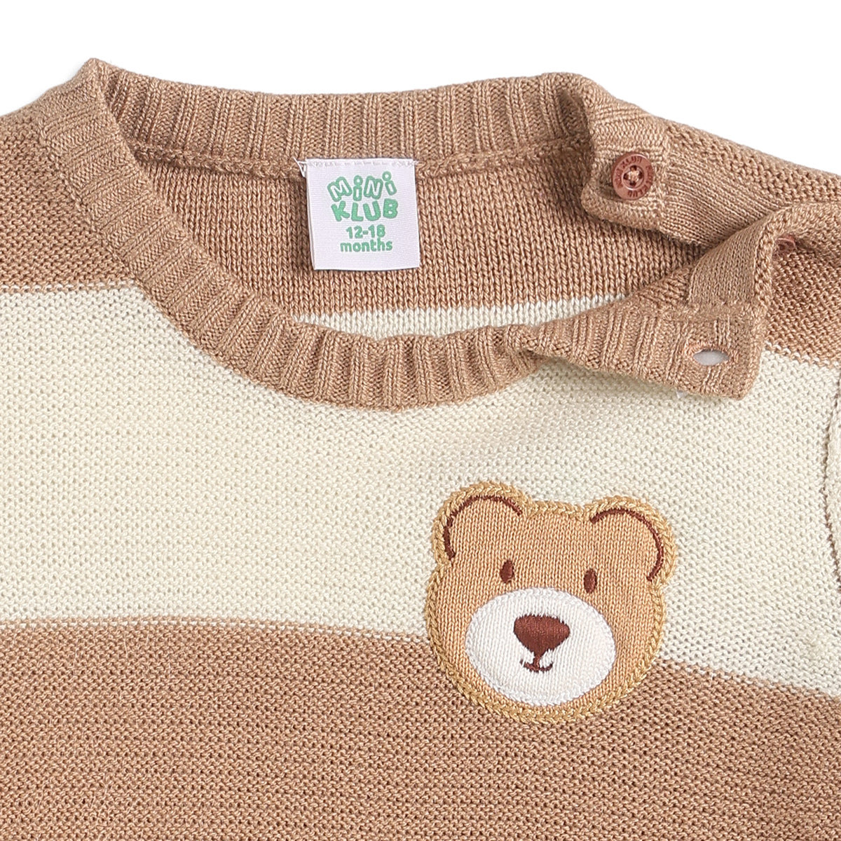Baby Boys Beige and Cream Striped Knitted Sweater Bear Applique Casual Winter Wear