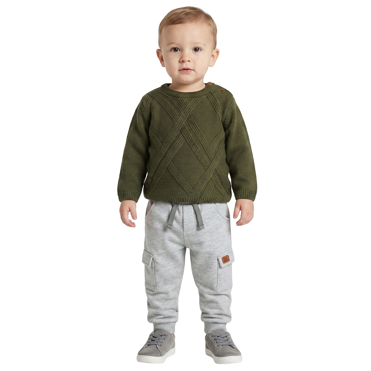 Baby Boys Olive Green Knitted Sweater Textured Pattern Winter Wear