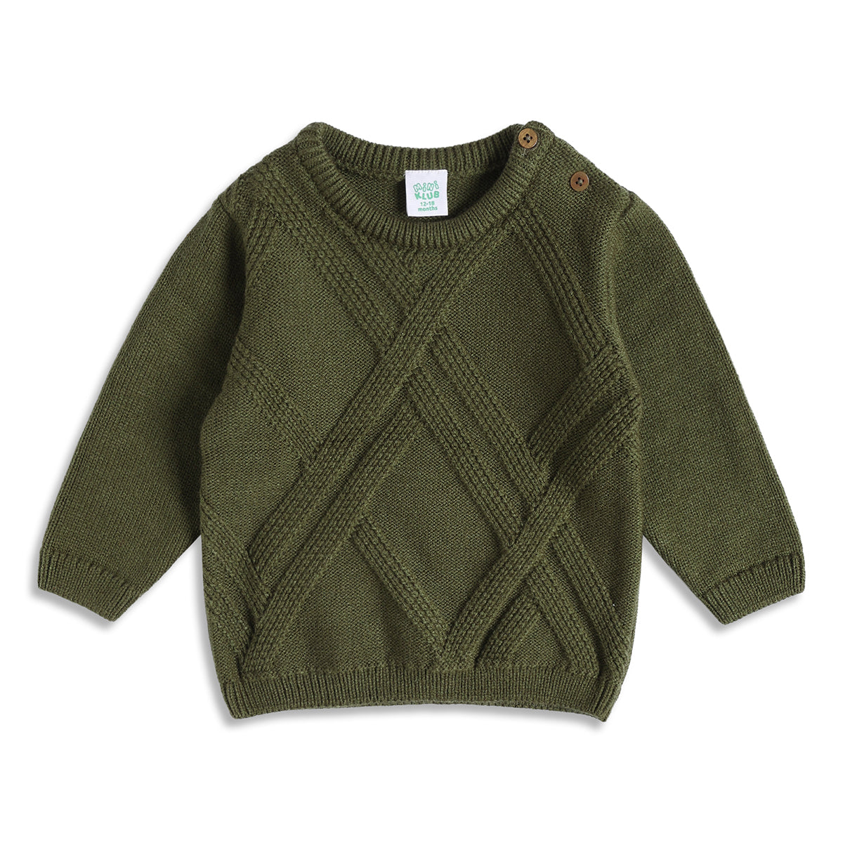 Baby Boys Olive Green Knitted Sweater Textured Pattern Casual Winter Wear