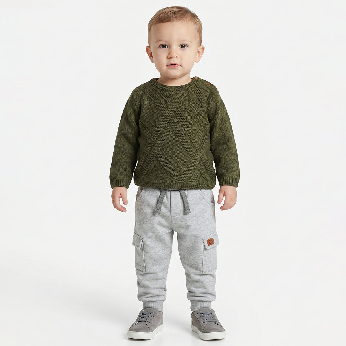 Baby Boys Olive Green Knitted Sweater Textured Pattern Casual Winter Wear