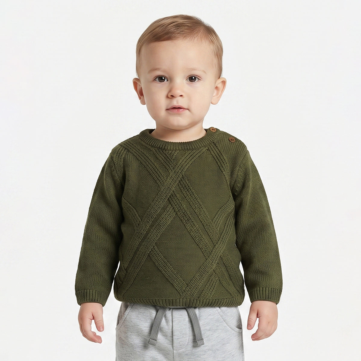 Baby Boys Olive Green Knitted Sweater Textured Pattern Casual Winter Wear