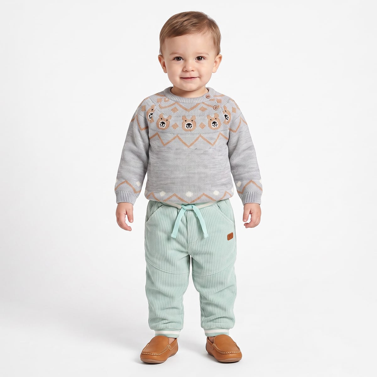 Baby Boys Grey Animal Pattern Knitted Sweater Regular Fit Casual Wear