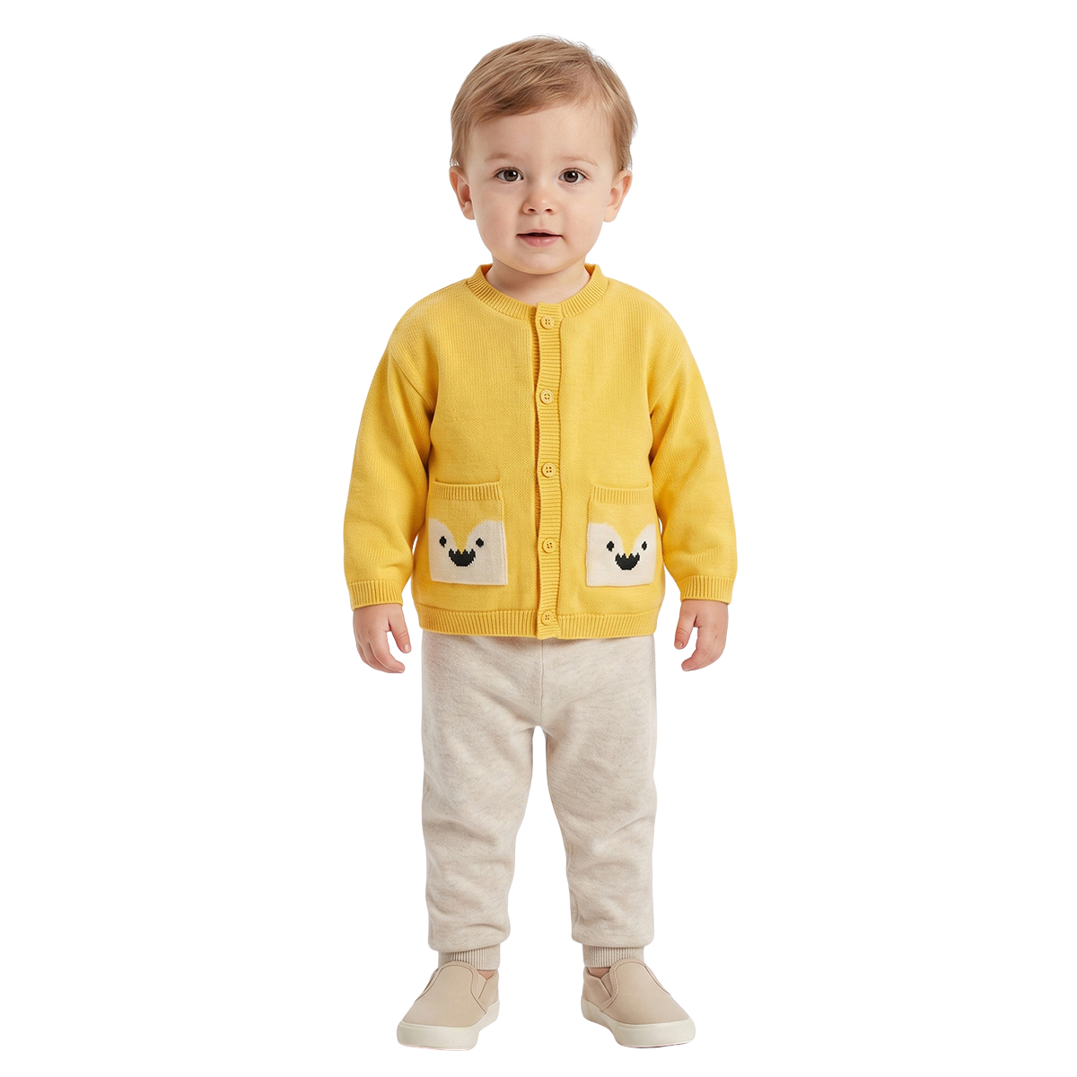 Baby Boys Yellow Knitted Cardigan Smiley Pocket Detail Winter Wear