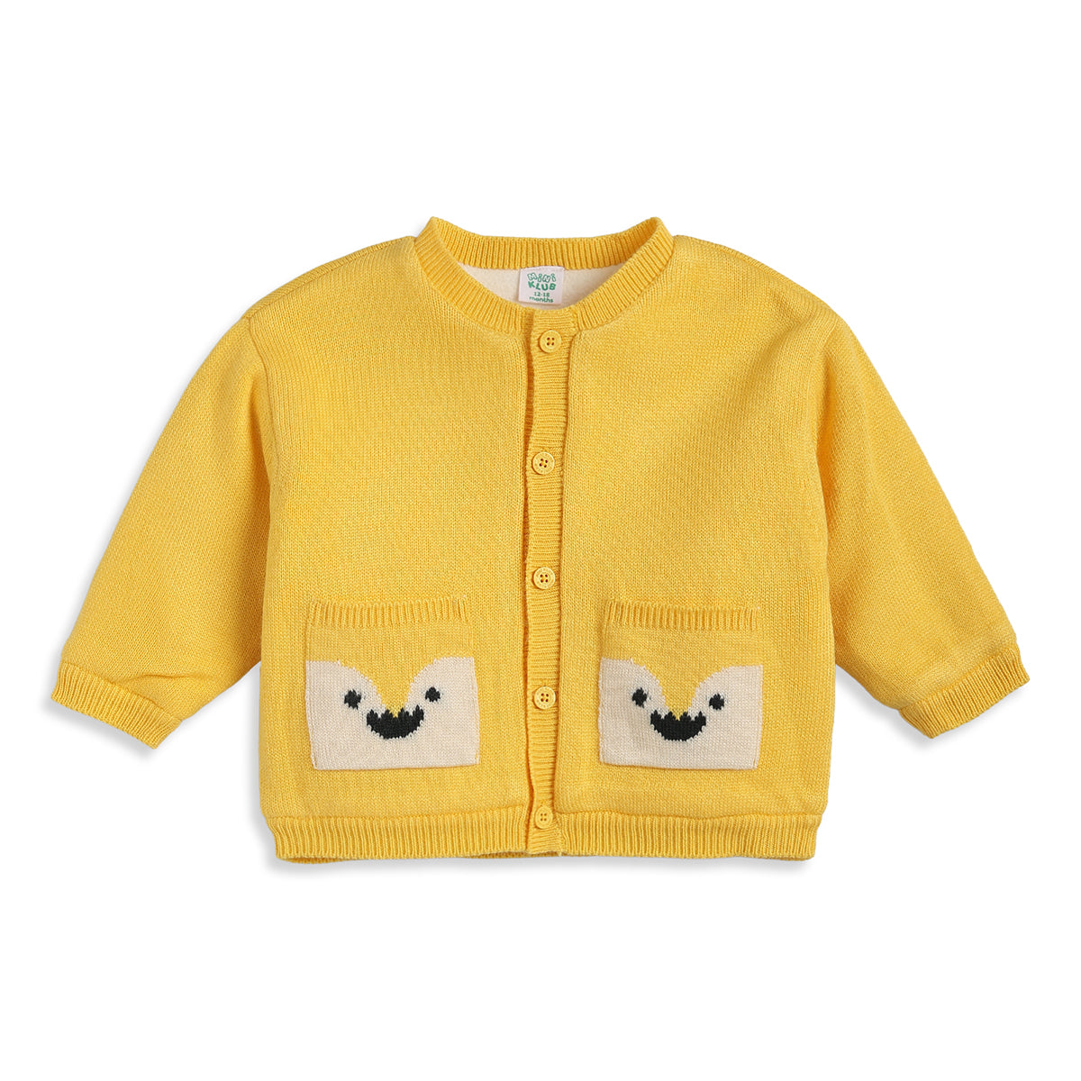 Baby Boys Yellow Knitted Cardigan Smiley Pocket Detail Casual Winter Wear