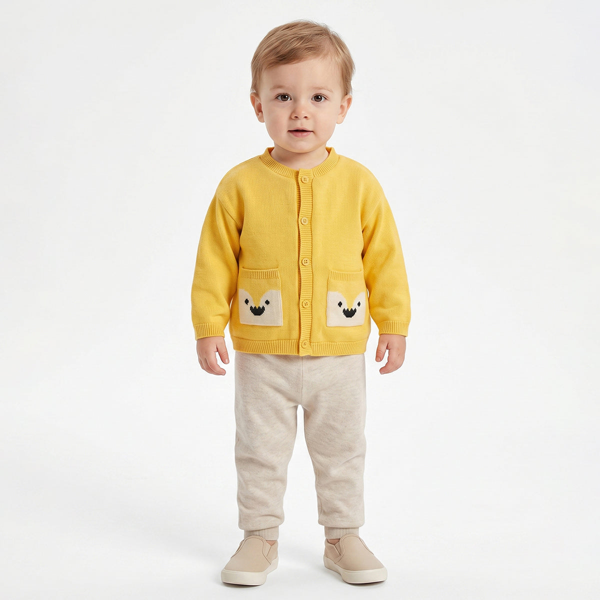 Baby Boys Yellow Knitted Cardigan Smiley Pocket Detail Casual Winter Wear