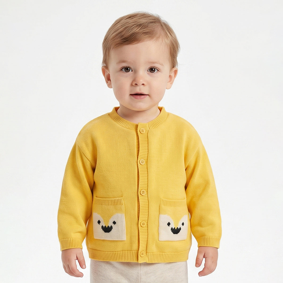 Baby Boys Yellow Knitted Cardigan Smiley Pocket Detail Casual Winter Wear