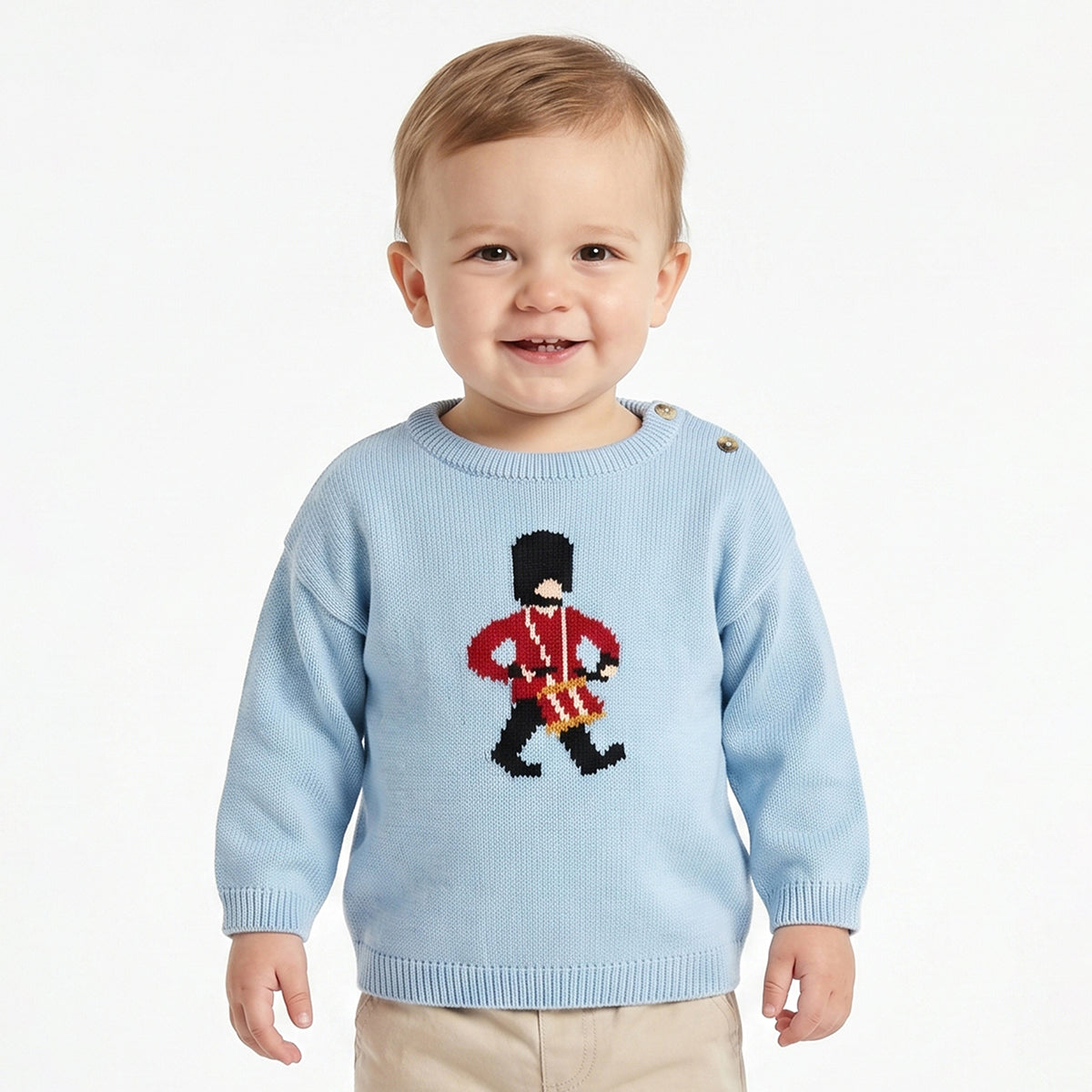 Baby Boys Light Blue Knitted Sweater Guard Motif Casual Winter Wear