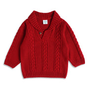 Baby Boy Red Knit Shawl Collar Sweater Regular Fit Winter Wear