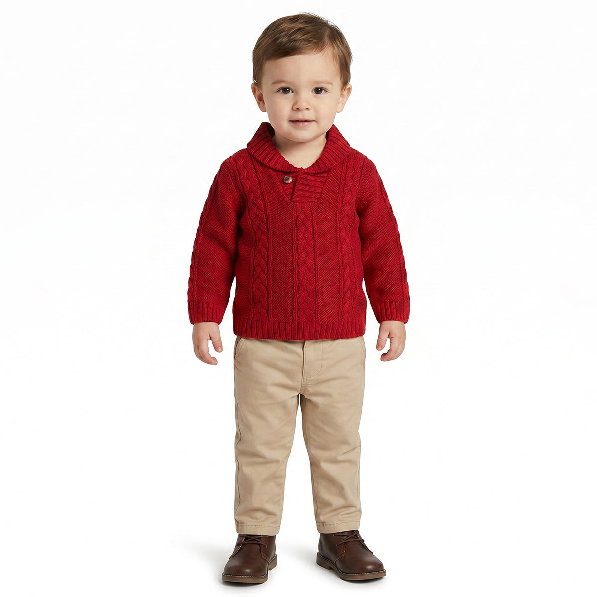 Baby Boy Red Knit Shawl Collar Sweater Regular Fit Winter Wear