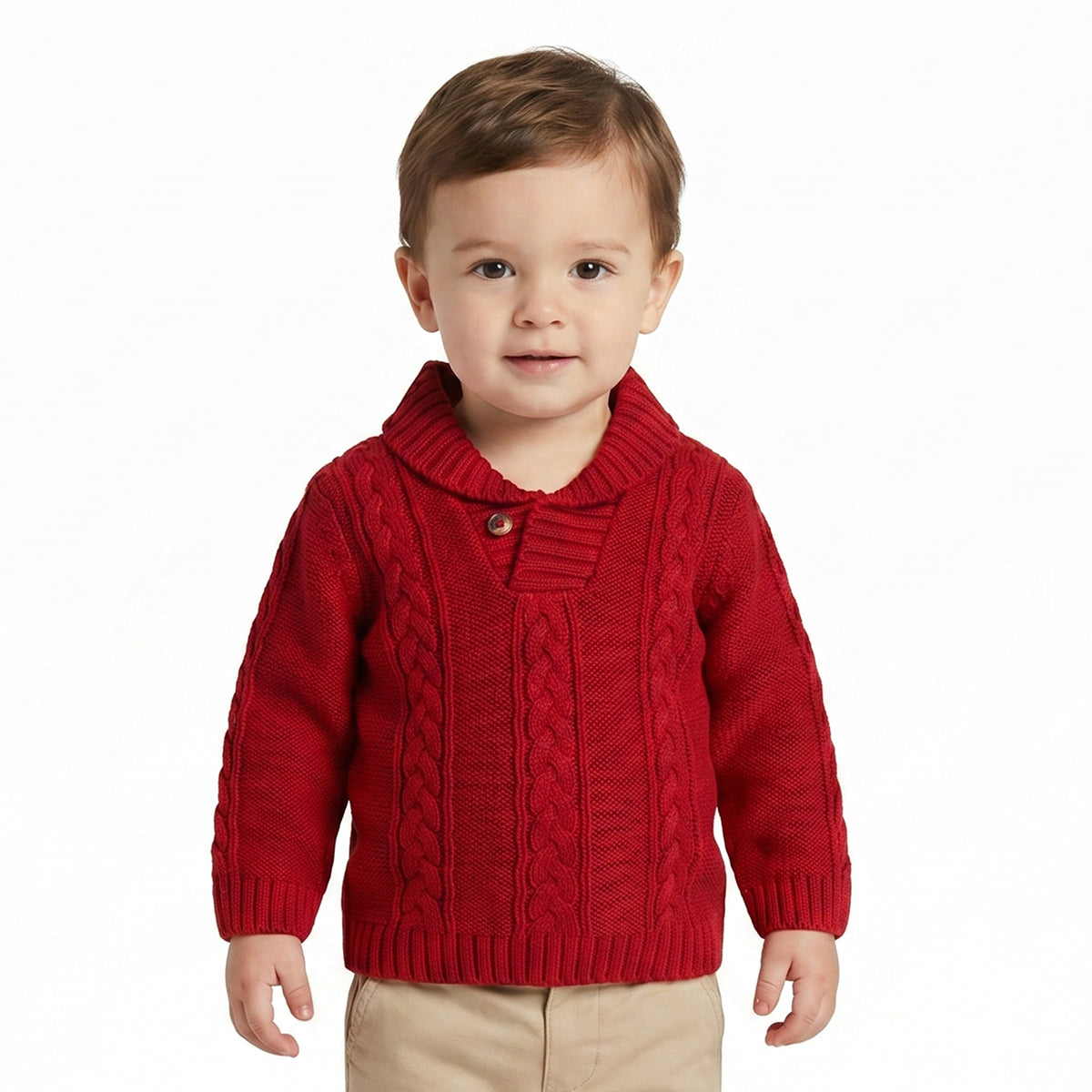 Baby Boy Red Knit Shawl Collar Sweater Regular Fit Winter Wear