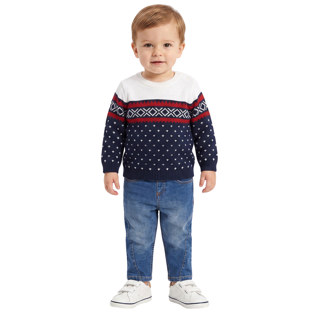 Baby Boys Navy Blue Red and White Knitted Geometric Sweater Regular