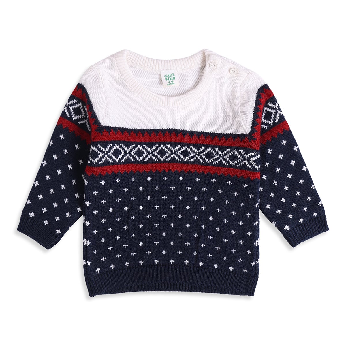 Baby Boys Navy Blue Red And White Knitted Geometric Sweater Regular Fit Casual Wear