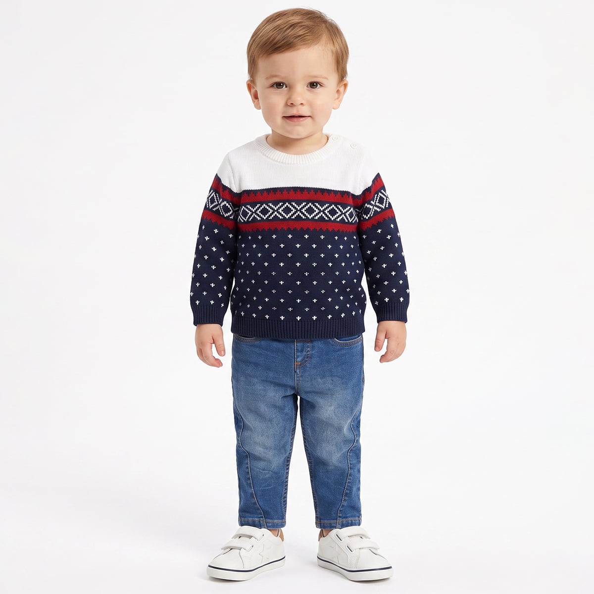 Baby Boys Navy Blue Red And White Knitted Geometric Sweater Regular Fit Casual Wear