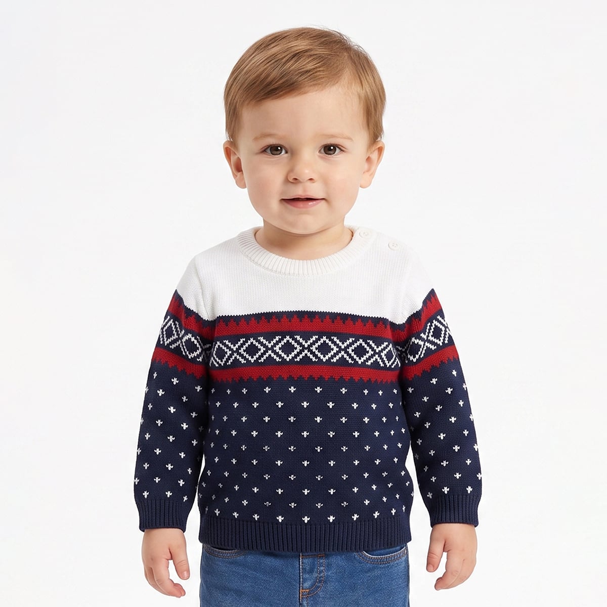 Baby Boys Navy Blue Red And White Knitted Geometric Sweater Regular Fit Casual Wear