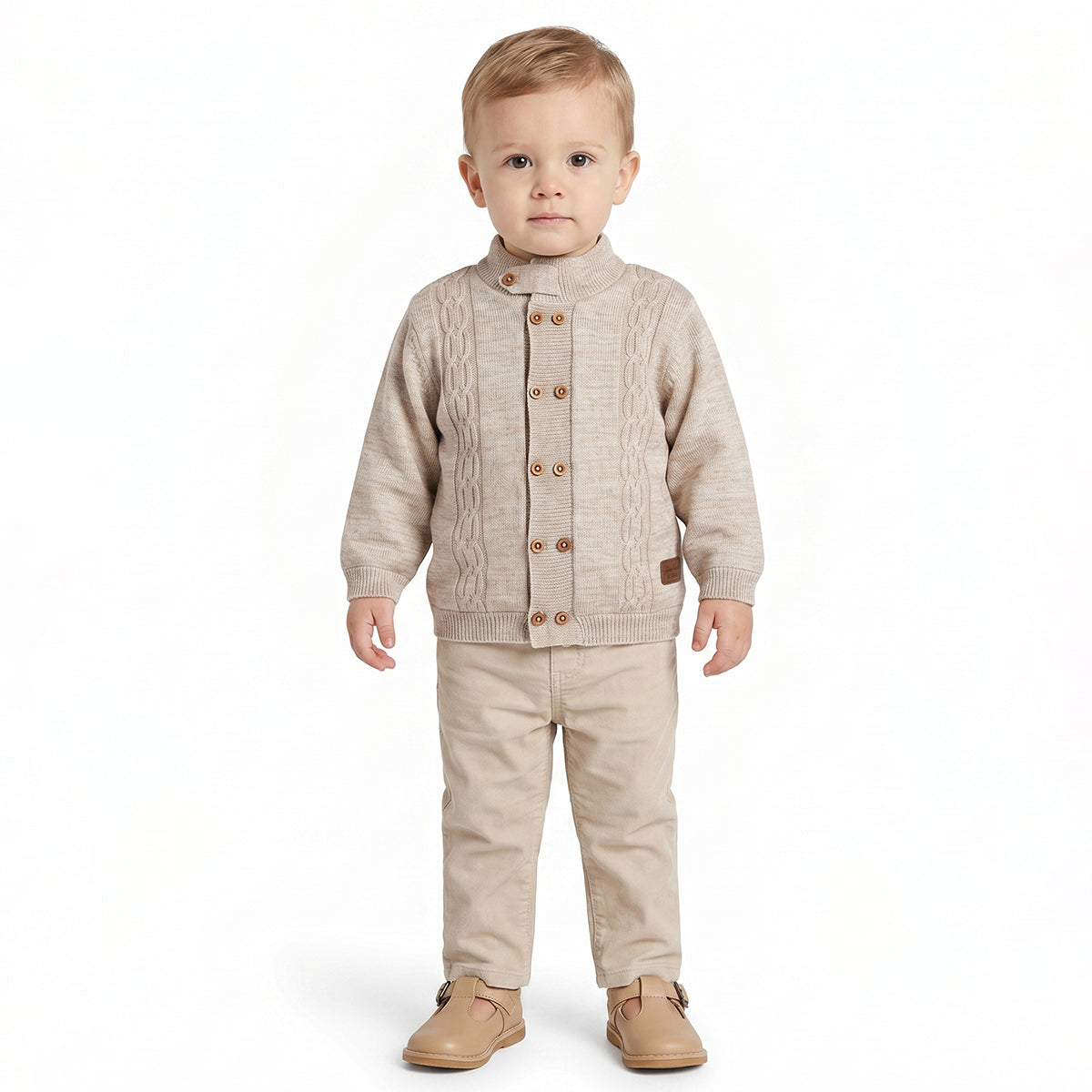 Baby Boy Beige Knit Button-Down Cardigan Sweater Regular Fit Winter Wear