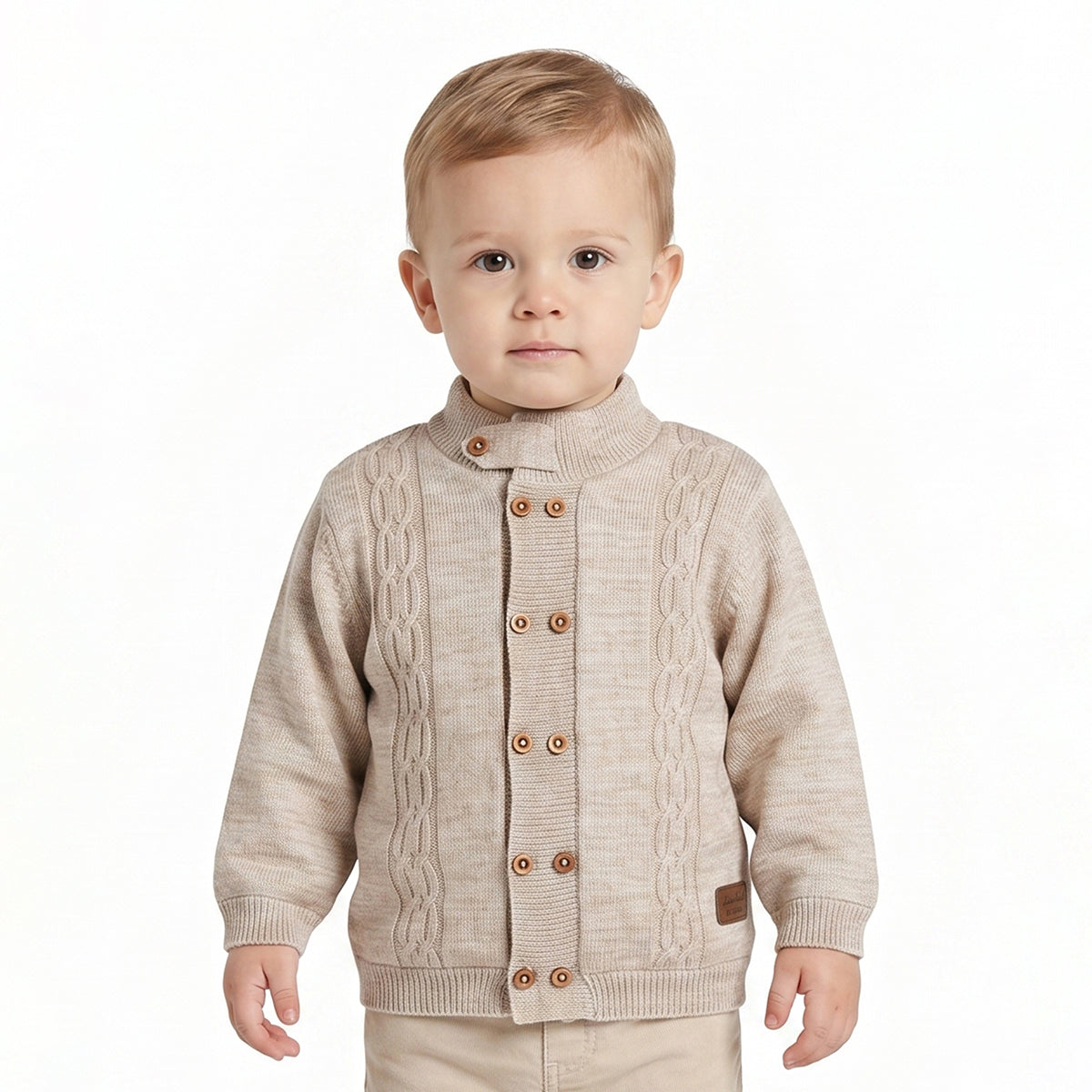 Baby Boy Beige Knit Button-Down Cardigan Sweater Regular Fit Winter Wear