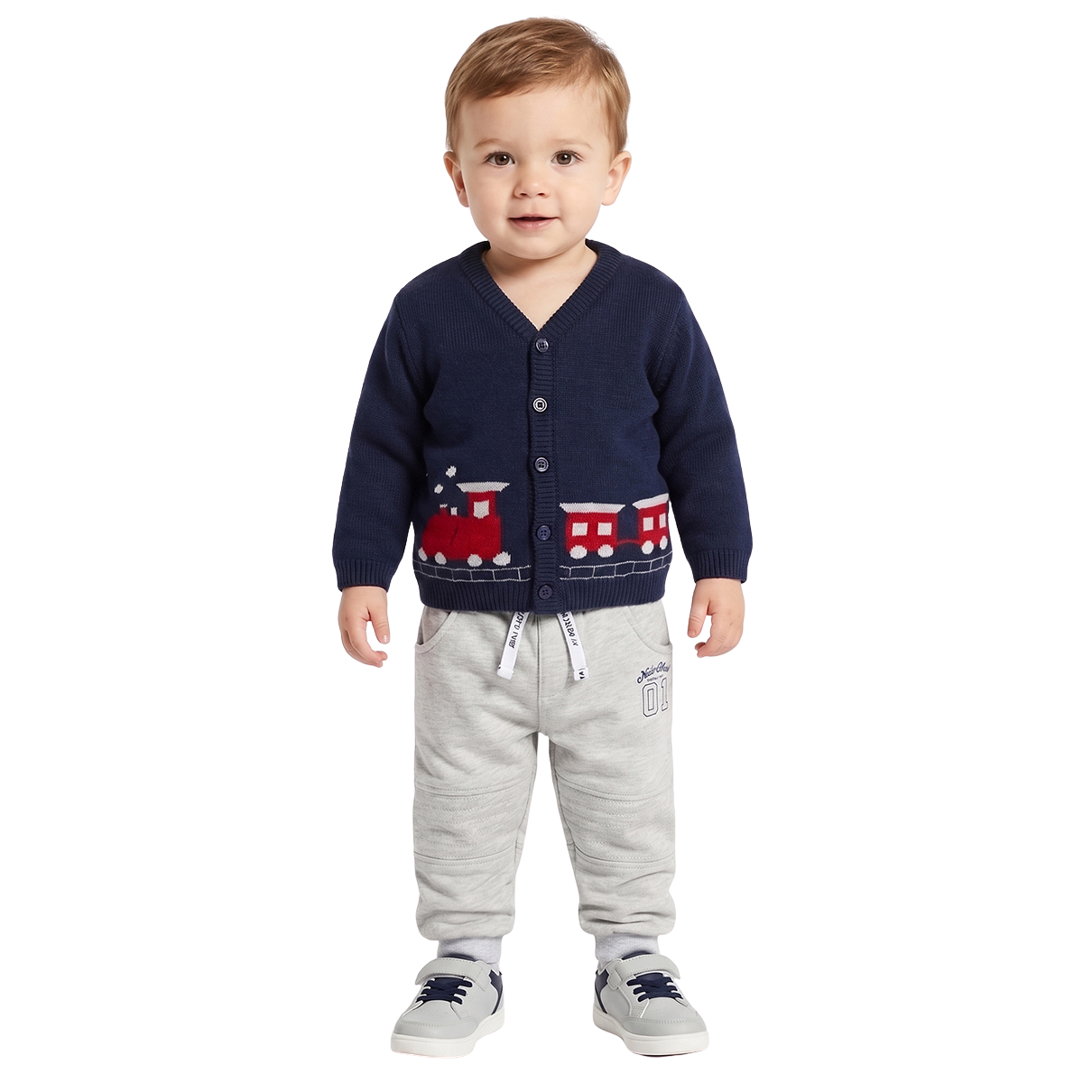 Baby Boys Navy Blue Knitted Train Design Front Open Sweater