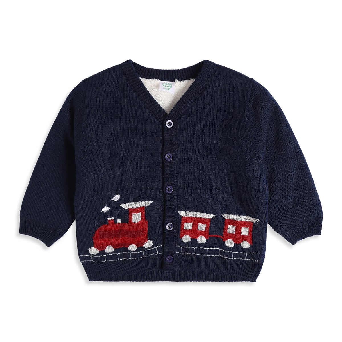 Baby Boys Navy Blue Knitted Train Design Front Open Sweater Regular Fit Casual Wear