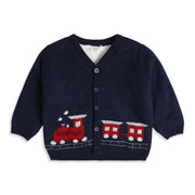 Baby Boys Navy Blue Knitted Train Design Front Open Sweater Regular Fit Casual Wear