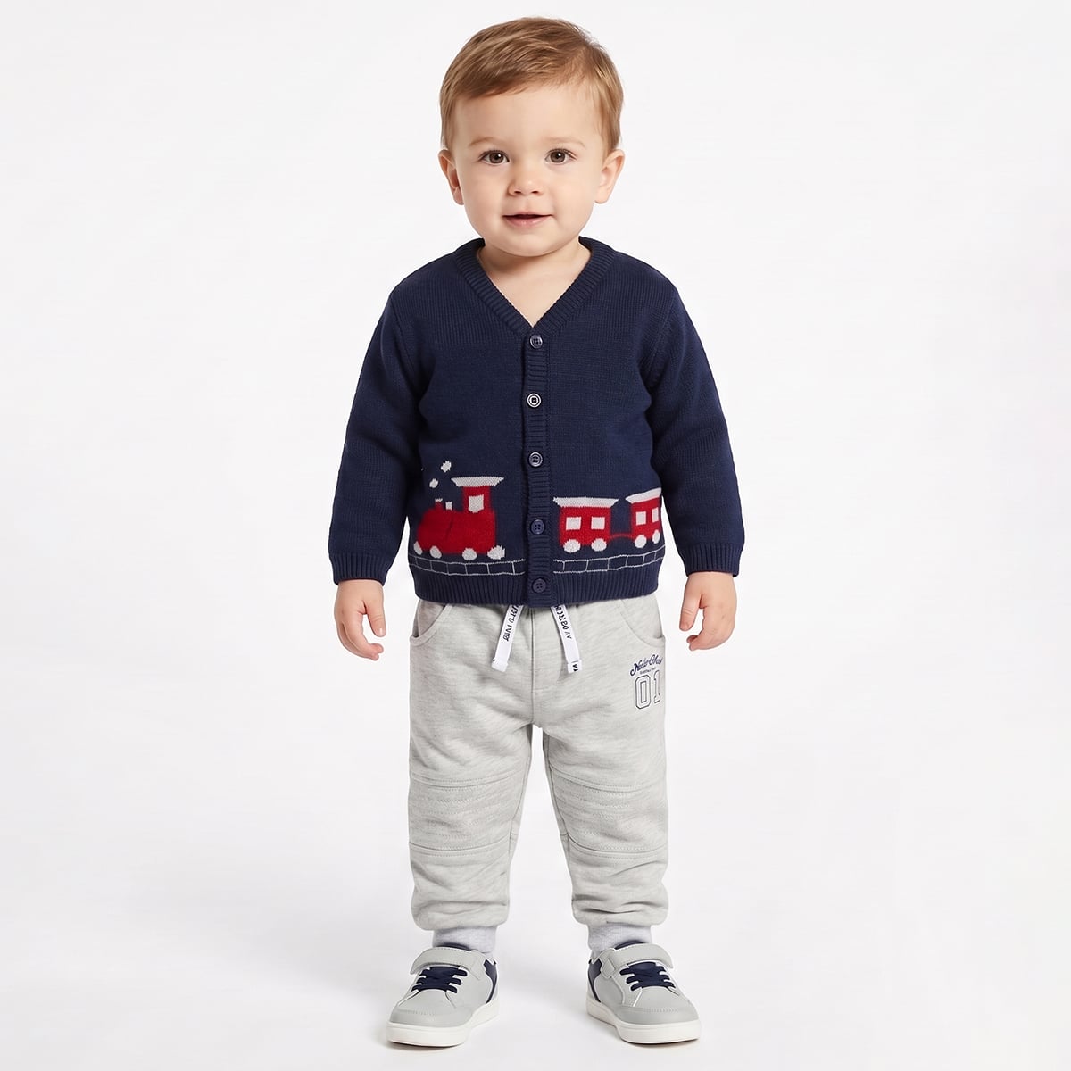 Baby Boys Navy Blue Knitted Train Design Front Open Sweater Regular Fit Casual Wear