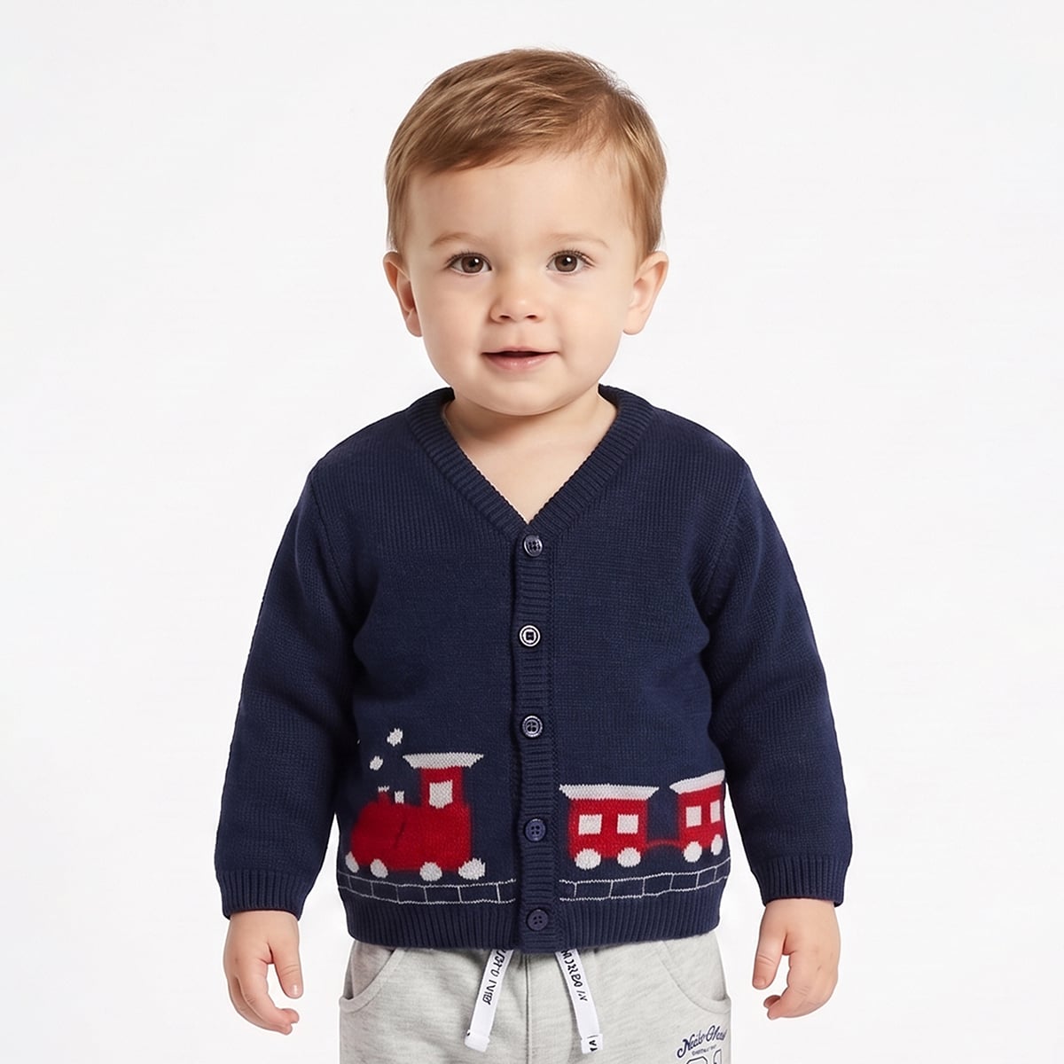 Baby Boys Navy Blue Knitted Train Design Front Open Sweater Regular Fit Casual Wear