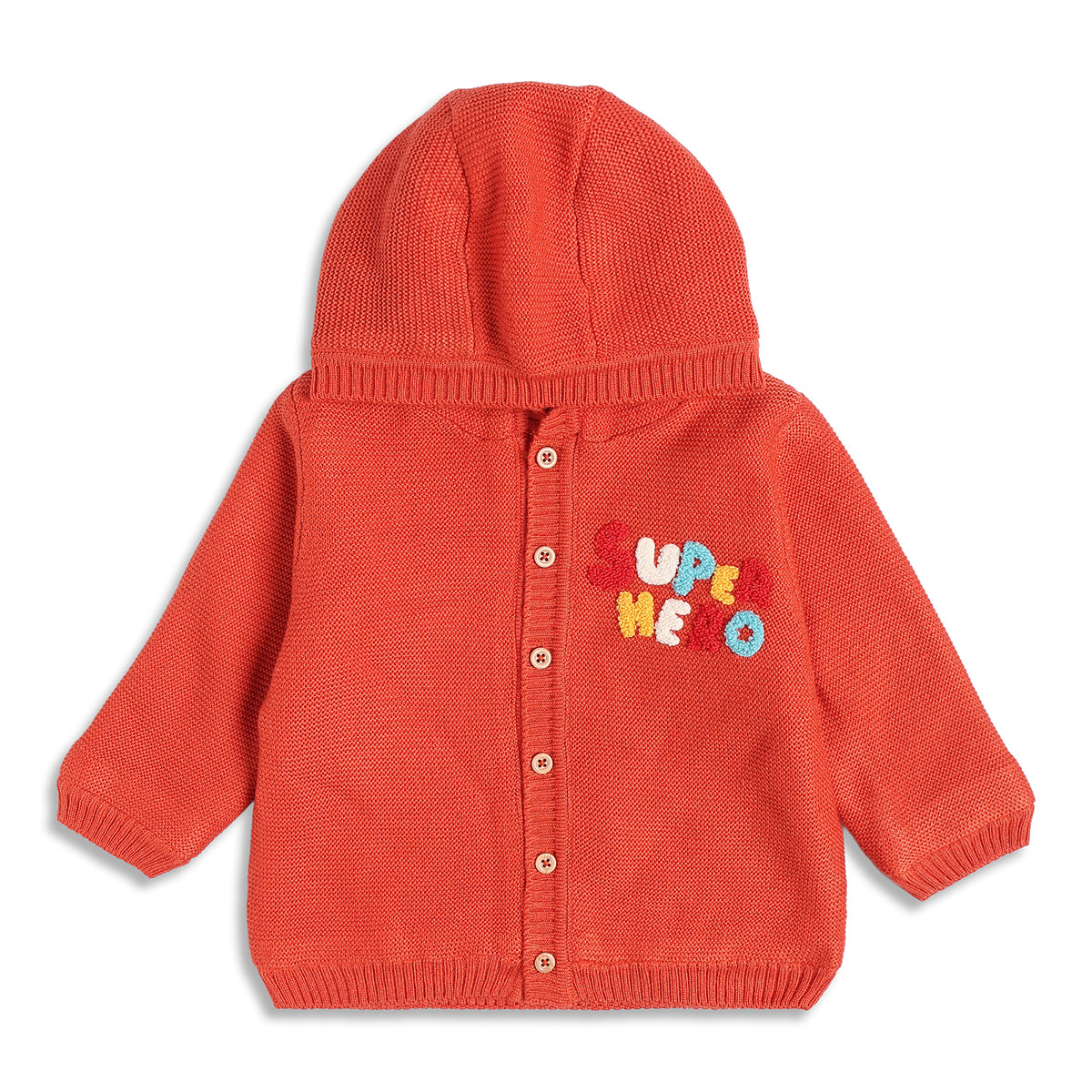 Baby Boy Coral Hooded Knit Cardigan Sweater with Button Closure Regular Fit Winter Wear