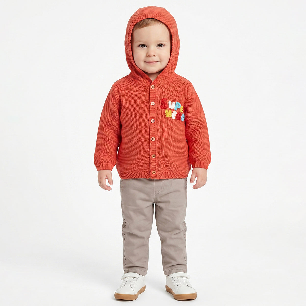 Baby Boy Coral Hooded Knit Cardigan Sweater with Button Closure Regular Fit Winter Wear