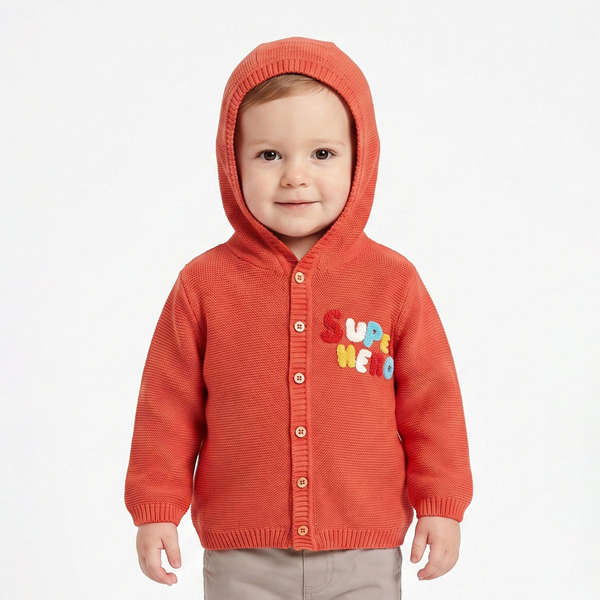 Baby Boy Coral Hooded Knit Cardigan Sweater with Button Closure Regular Fit Winter Wear