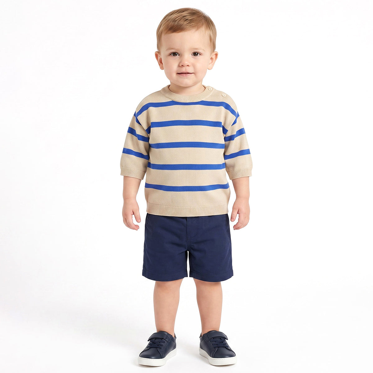Baby Boys Cream and Blue Acrylic Blend Striped Sweater Regular Fit Casual Wear