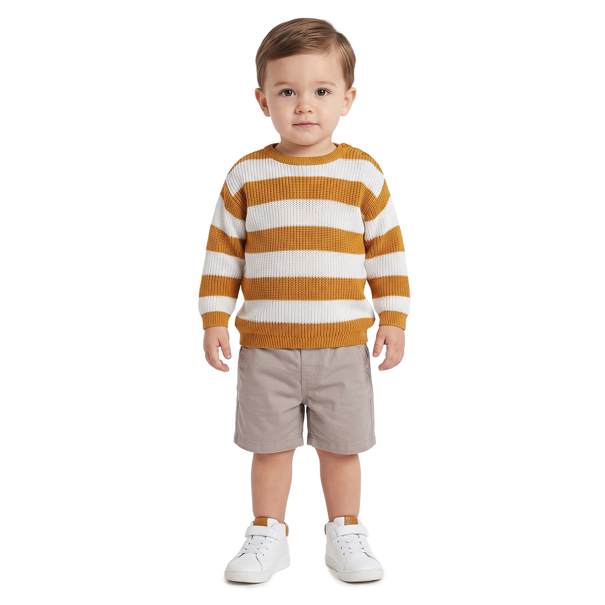 Baby Boys Mustard Cream Cotton Striped Sweater Regular Fit Winter Wear