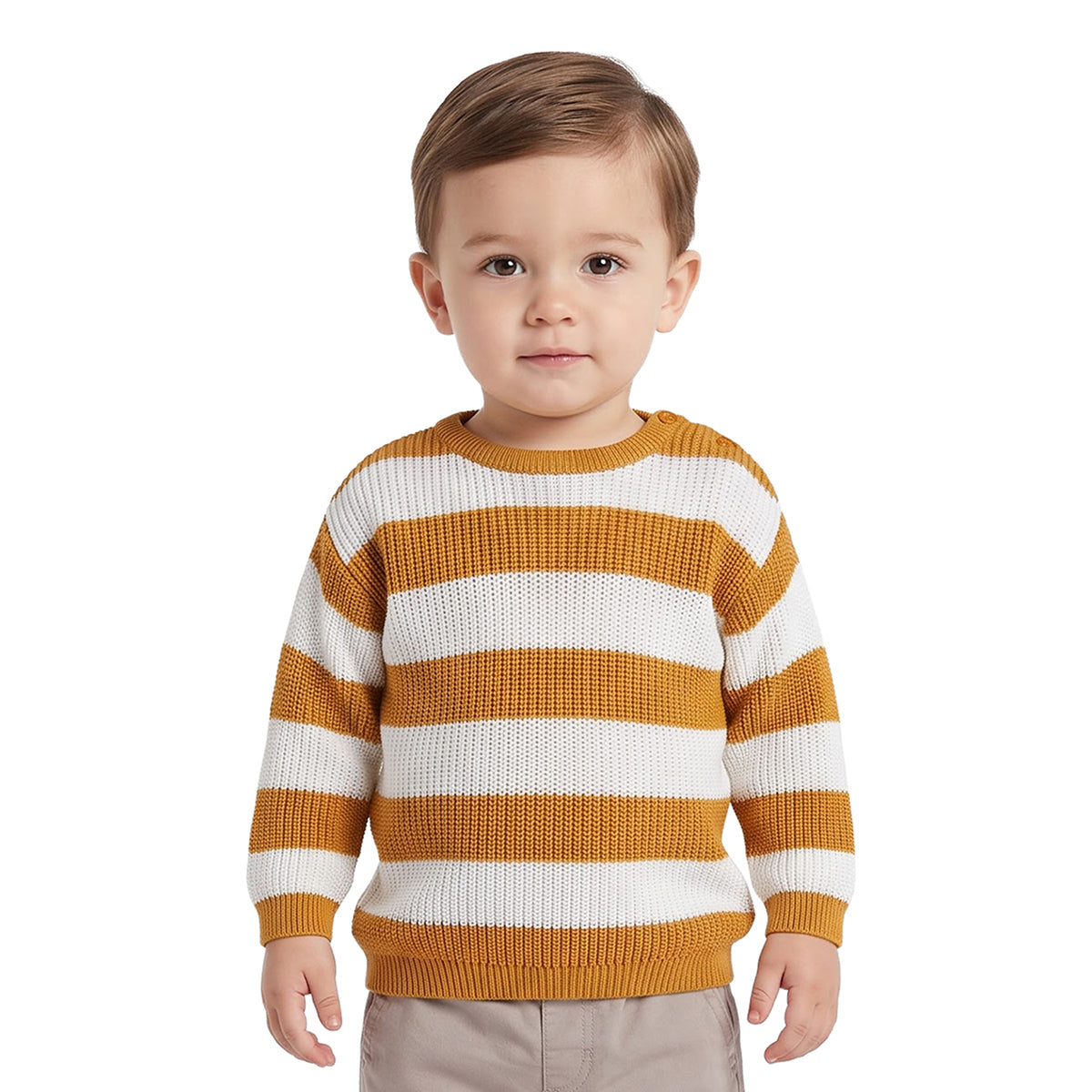 Baby Boys Mustard Cream Cotton Striped Sweater Regular Fit Winter Wear