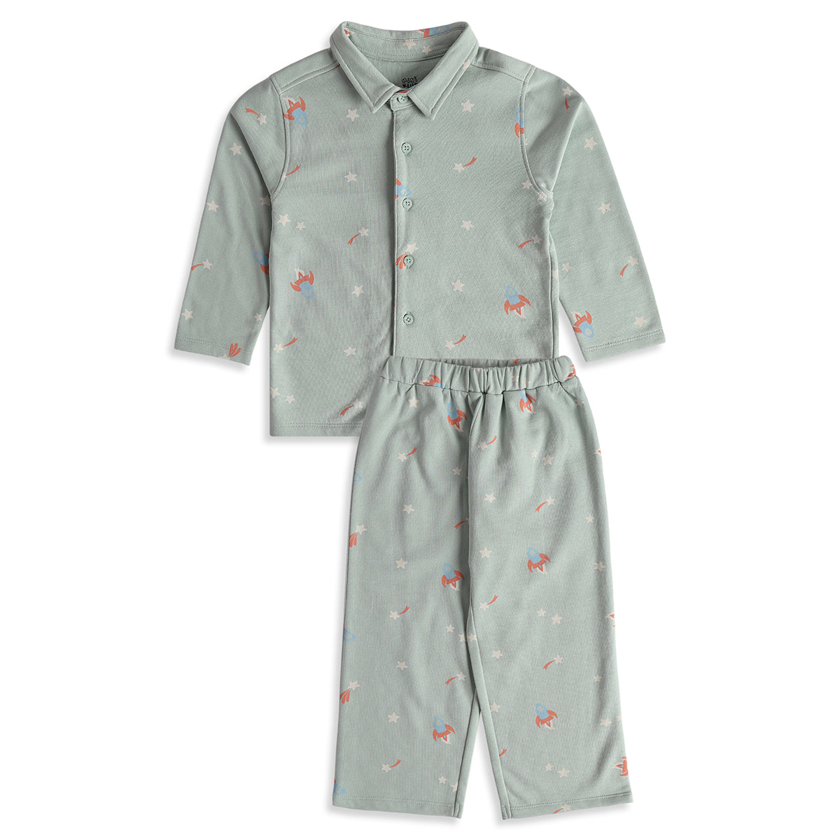 Boys Grey Cotton Space Print Sleepwear Set Regular Fit