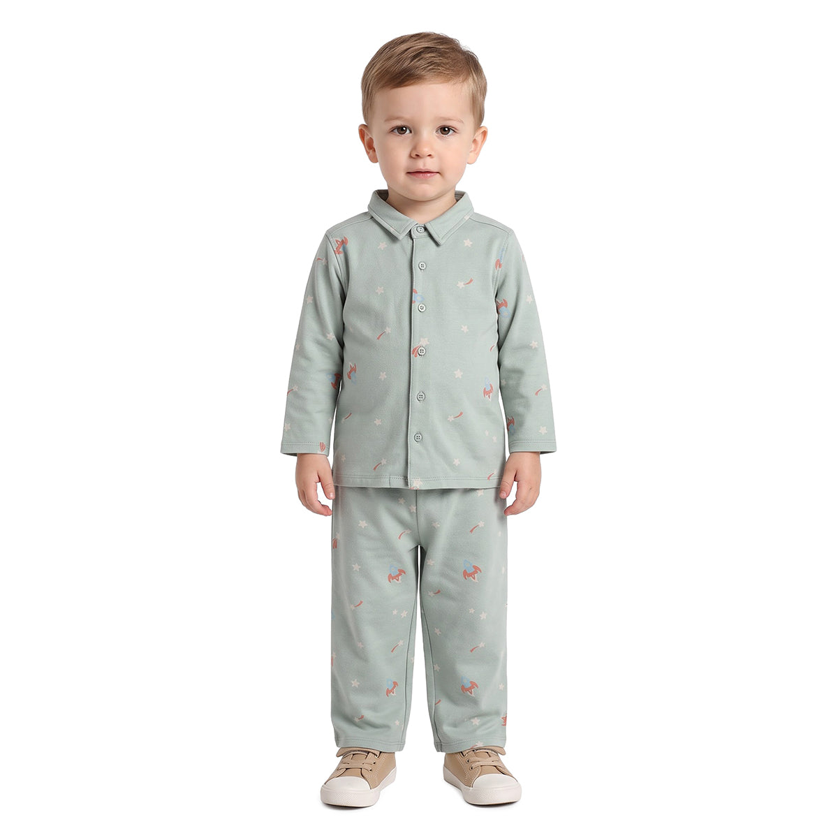 Boys Grey Cotton Space Print Sleepwear Set Regular Fit