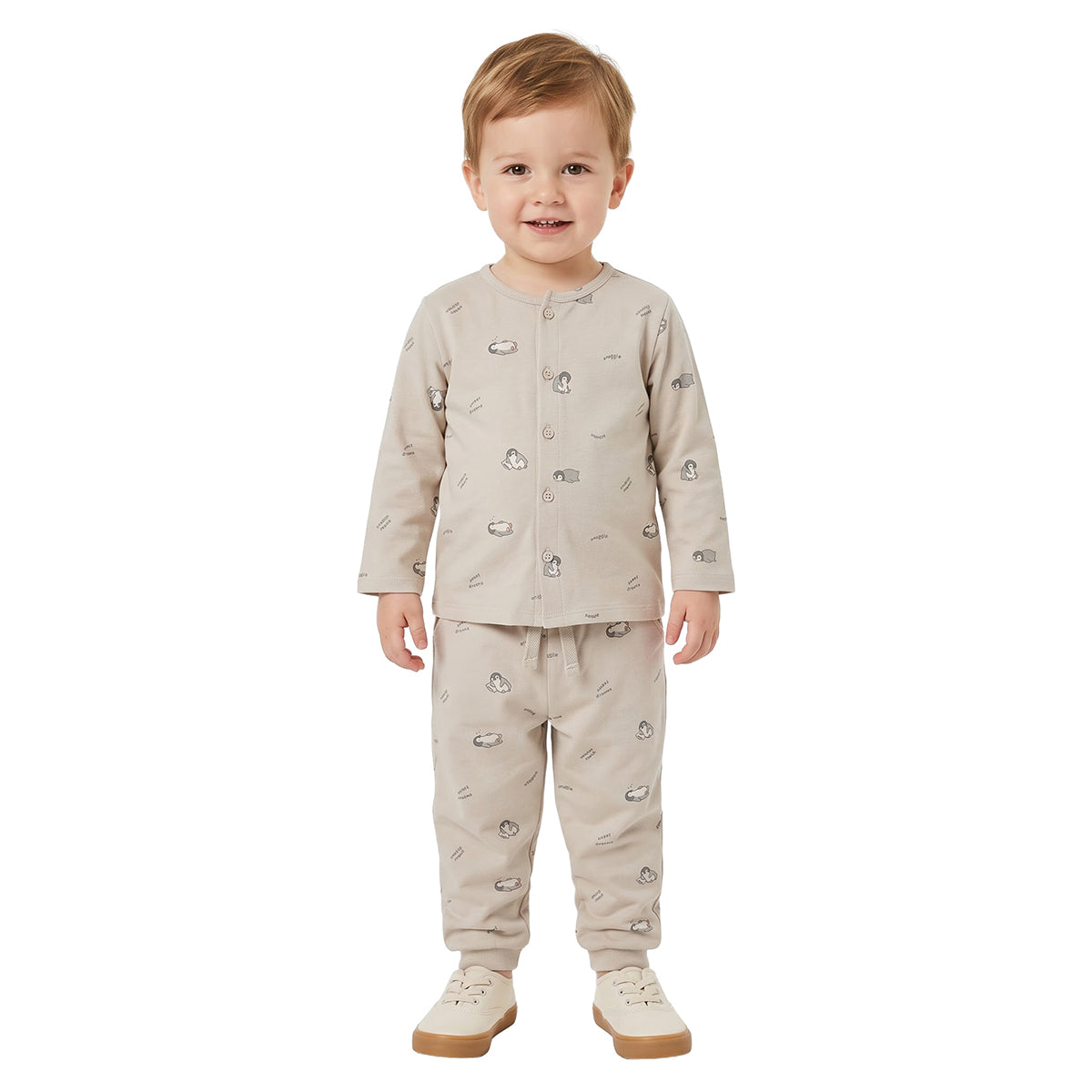 Boys Beige Cotton Printed Sleepwear Set Regular Fit