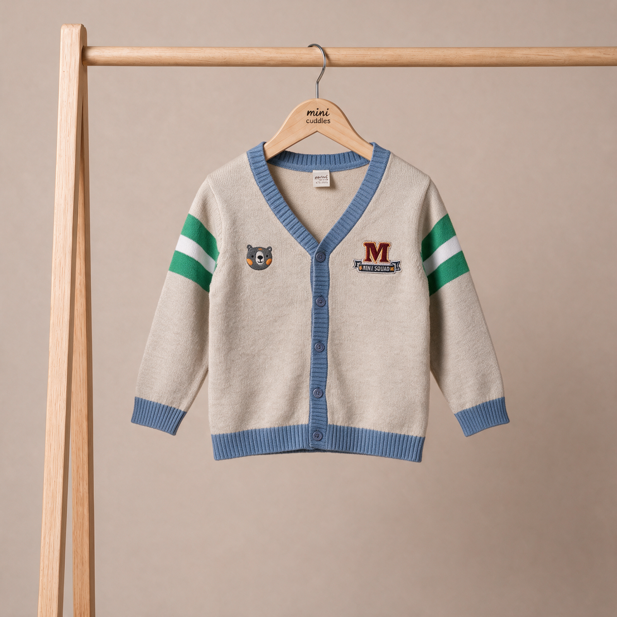 Baby Boys Beige Blue And Green Cotton Blend Bear Embroidered Knitted Cardigan Sweater Regular Fit Casual Wear