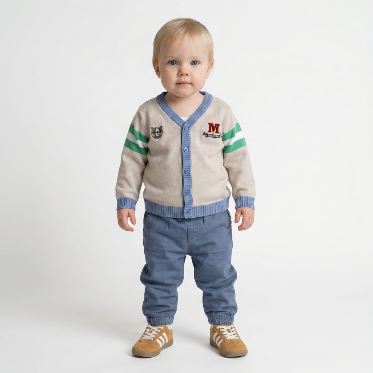 Baby Boys Beige Blue And Green Cotton Blend Bear Embroidered Knitted Cardigan Sweater Regular Fit Casual Wear