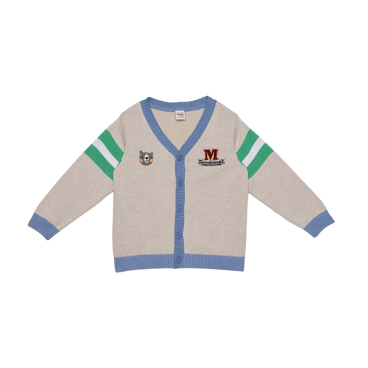 Baby Boys Beige Blue And Green Cotton Blend Bear Embroidered Knitted Cardigan Sweater Regular Fit Casual Wear
