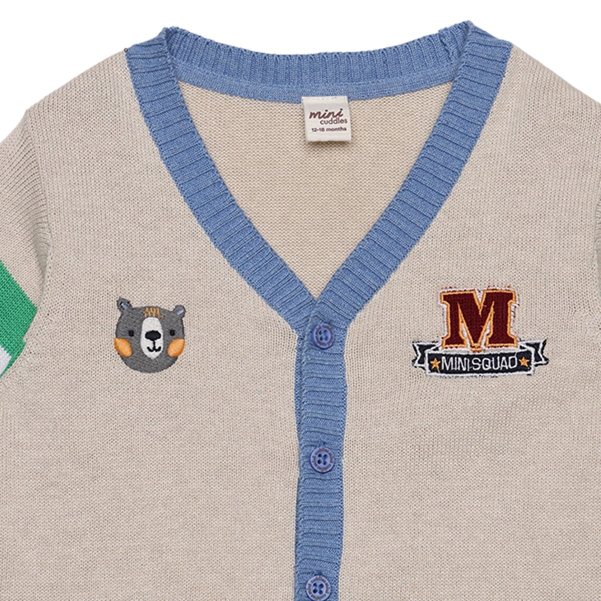 Baby Boys Beige Blue And Green Cotton Blend Bear Embroidered Knitted Cardigan Sweater Regular Fit Casual Wear