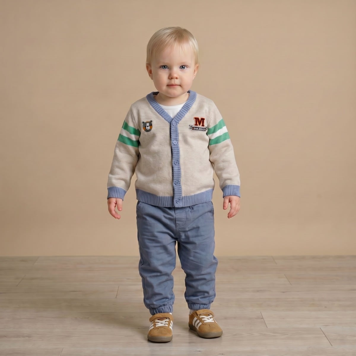 Baby Boys Beige Blue And Green Cotton Blend Bear Embroidered Knitted Cardigan Sweater Regular Fit Casual Wear