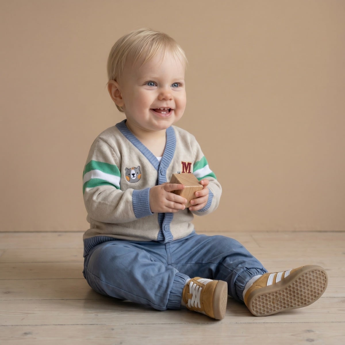 Baby Boys Beige Blue And Green Cotton Blend Bear Embroidered Knitted Cardigan Sweater Regular Fit Casual Wear