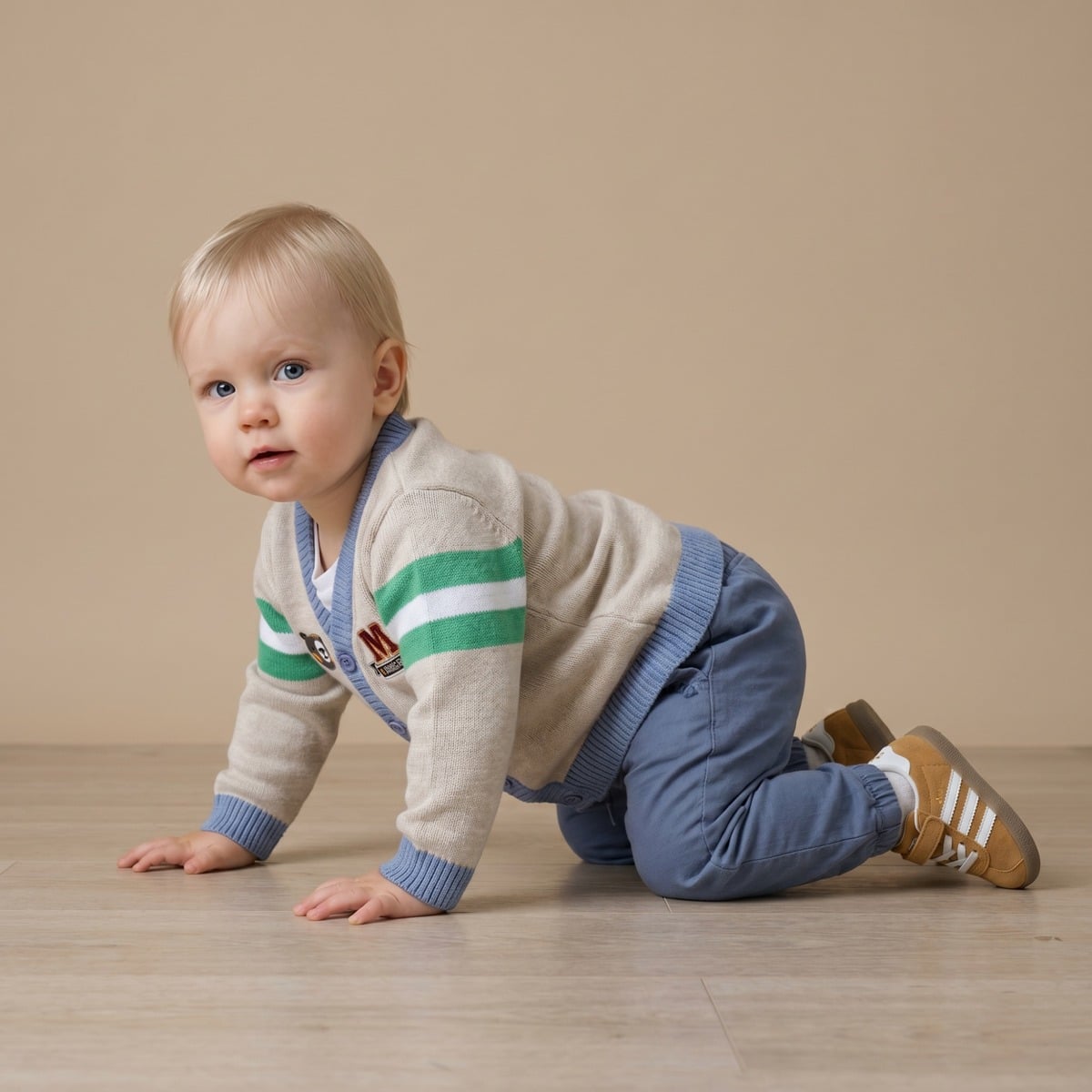 Baby Boys Beige Blue And Green Cotton Blend Bear Embroidered Knitted Cardigan Sweater Regular Fit Casual Wear