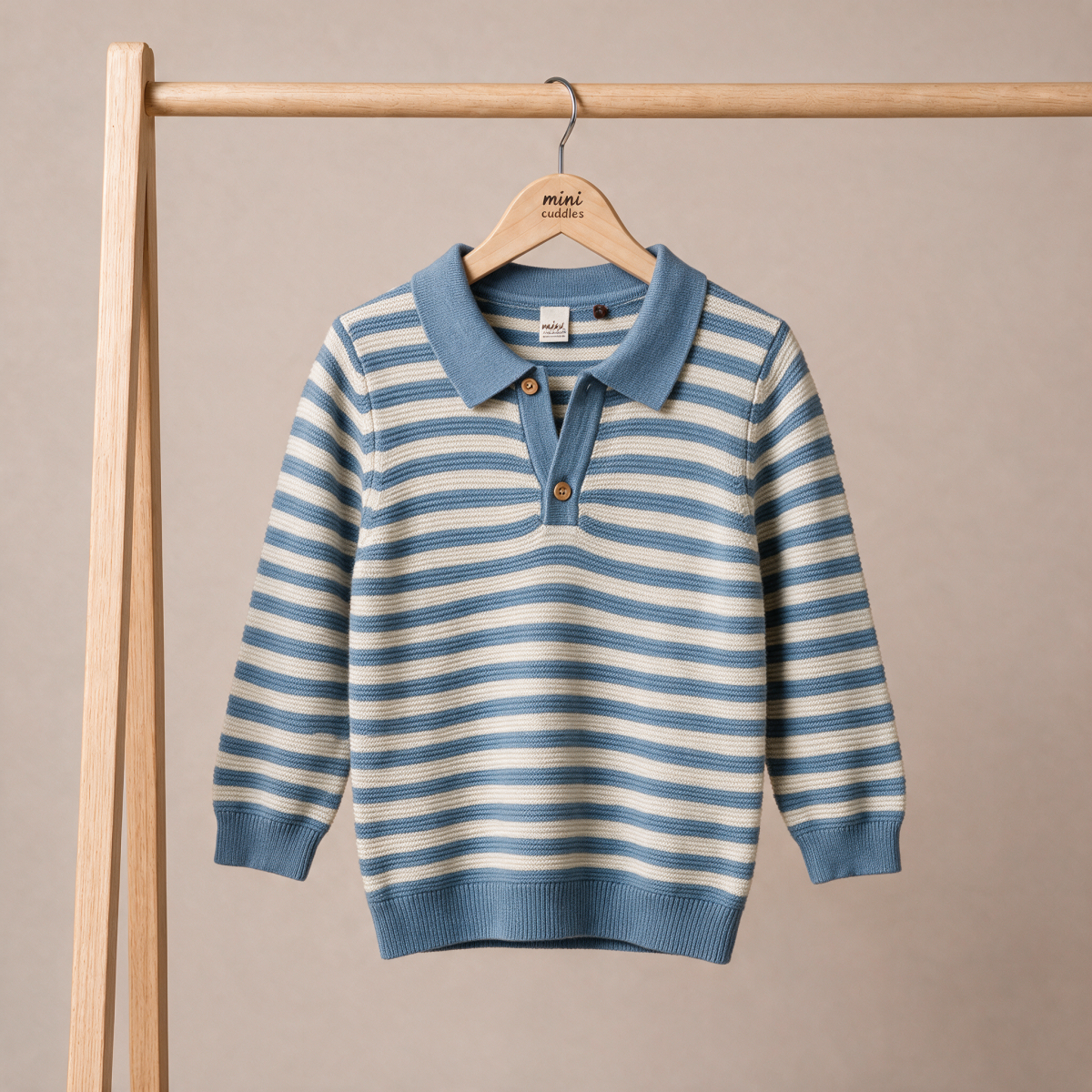 Baby Boys Blue And Off-White Cotton Blend Striped Knitted Polo Sweater Pack Of 1 Regular Fit Casual Wear