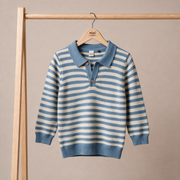 Baby Boys Blue And Off-White Cotton Blend Striped Knitted Polo Sweater Pack Of 1 Regular Fit Casual Wear