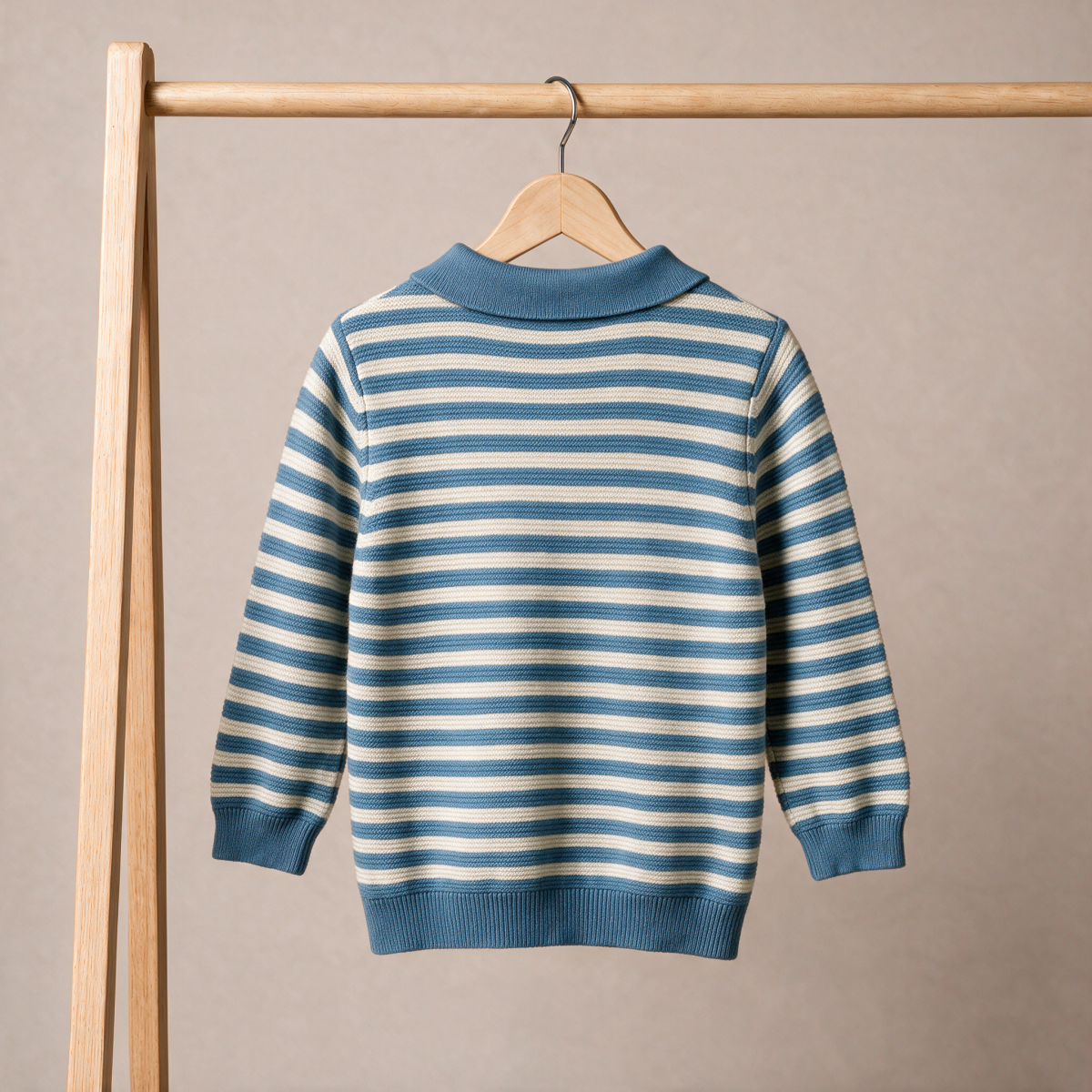 Baby Boys Blue And Off-White Cotton Blend Striped Knitted Polo Sweater Pack Of 1 Regular Fit Casual Wear
